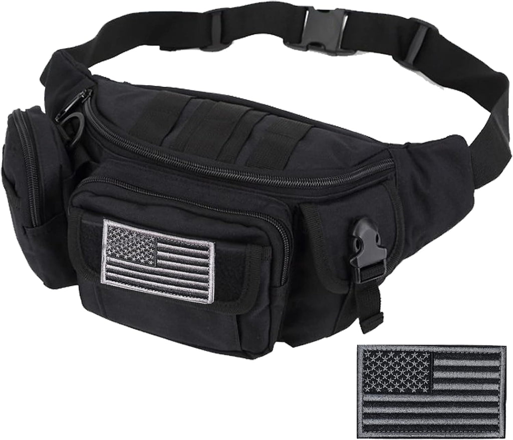 Tactical Fanny Packs, Military Waist Bag Utility Hip Belt Bags for Hiking Climbing Fishing Cycling Hunting with U.S Patch (Green+Black)
