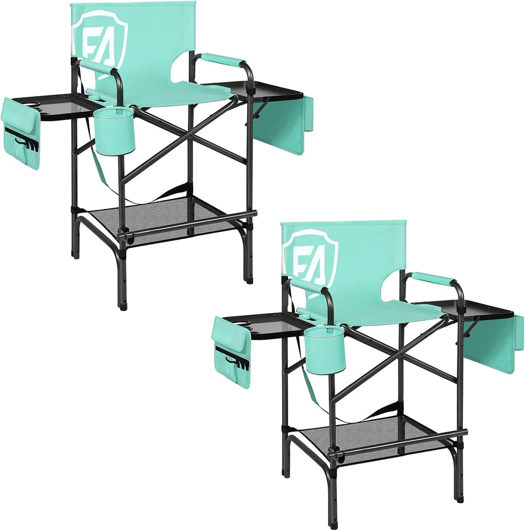 EVER ADVANCED 2 Pieces 31" Tall Portable Makeup Artist Chair for Clients Directors Chair with Two Side Tables, Foldable Folding Chair for MUA, Craft Shows, Hair Stylist, Salons, Movie 350LBS Green