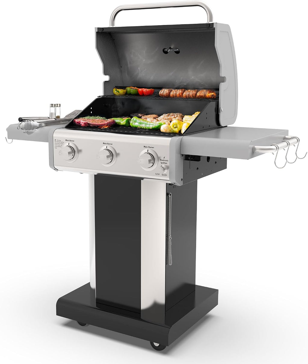 Kenmore 3-Burner Propane BBQ Grill, 30,000 BTUs Gas Grill with Cast Iron Cooking Grates, Folding Side Tables & Wheels, Outdoor Grill with Tool Hooks, Black
