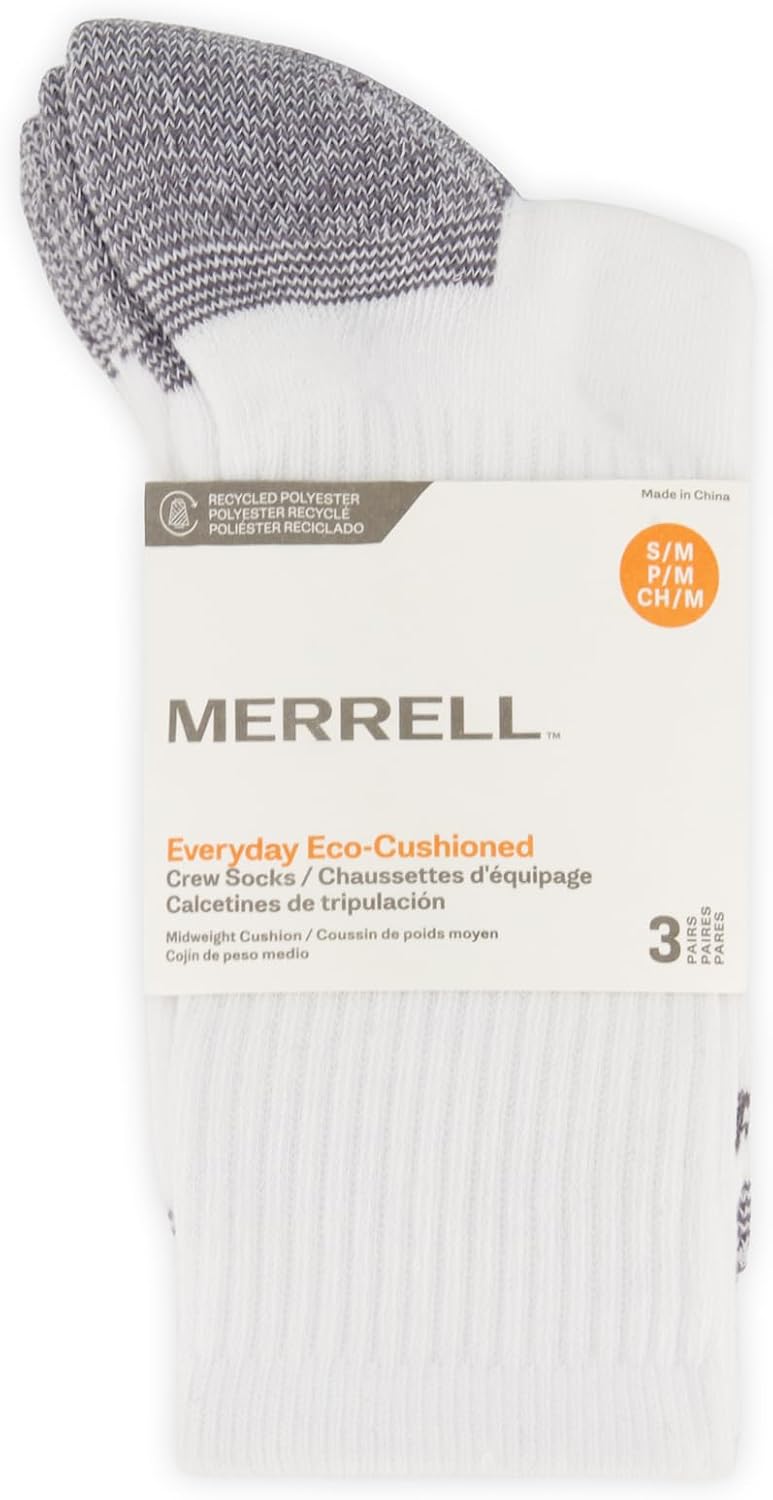 Merrell Unisex Eco Cushioned Crew Socks, Recycled Sustainable Hiker With Targeted Cushion