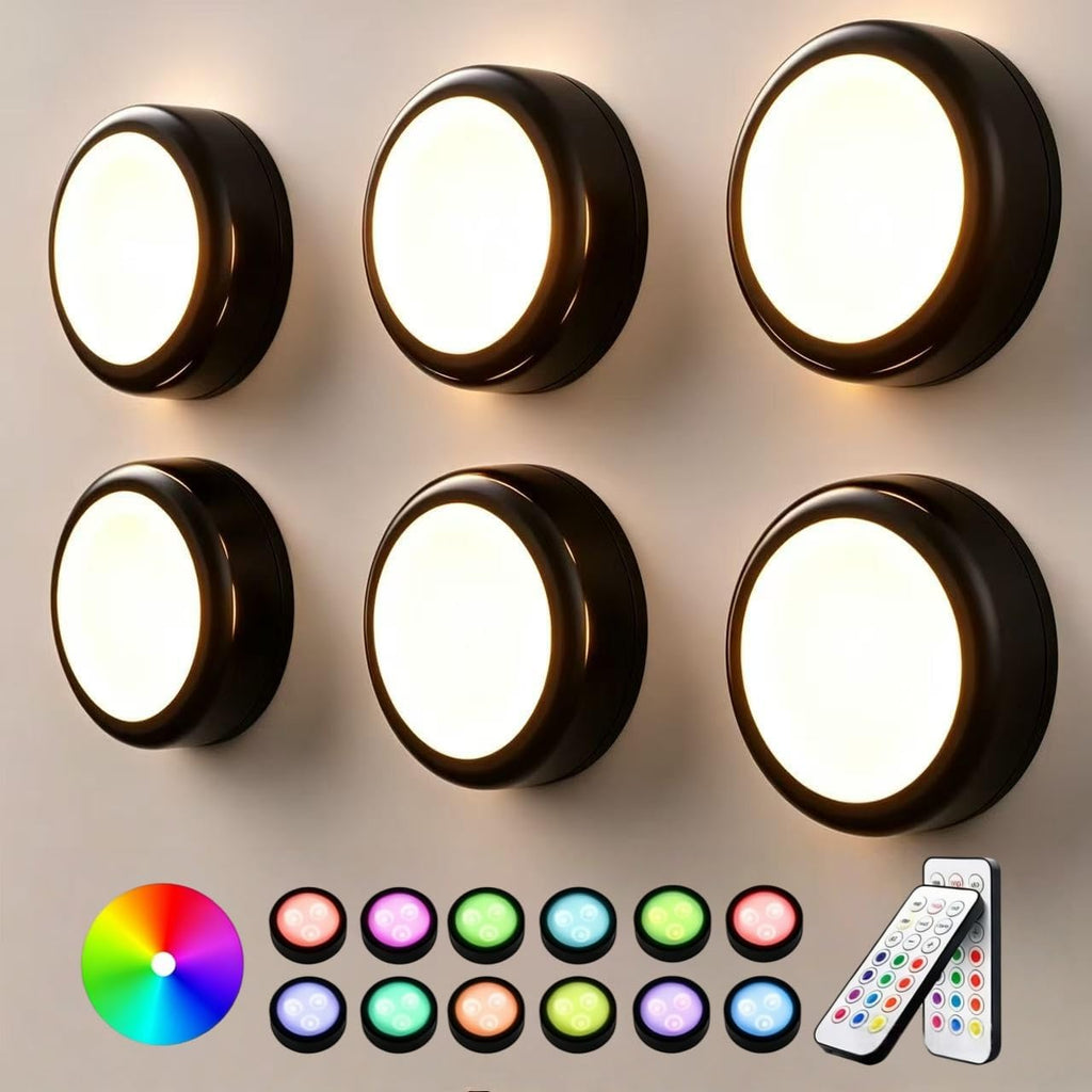 Push Lights with Remote 6-Piece Battery-Powered LED Hockey Puck Lights, Wireless Under-Cabinet & Baseboard Illumination, Dimmable & Color-Changing (2 Pack White, Color)