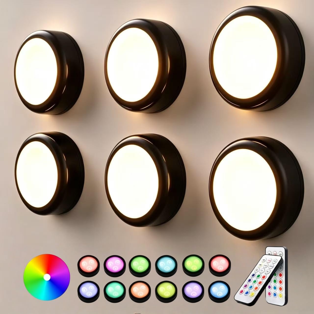 Push Lights with Remote 6-Piece Battery-Powered LED Hockey Puck Lights, Wireless Under-Cabinet & Baseboard Illumination, Dimmable & Color-Changing (2 Pack White, Color)