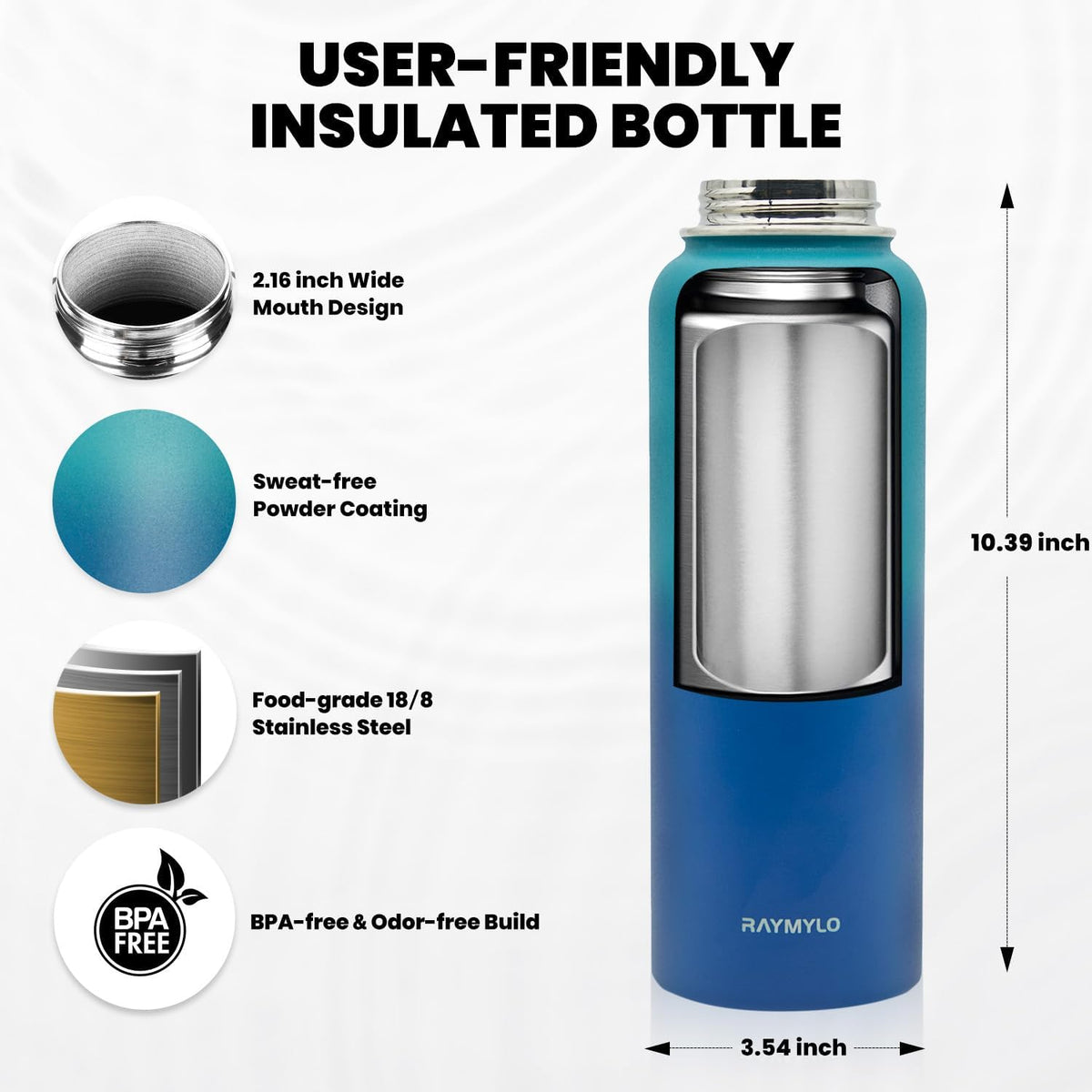RAYMYLO Insulated Water Bottle 40 oz, Triple Wall Vacuum Stainless Steel