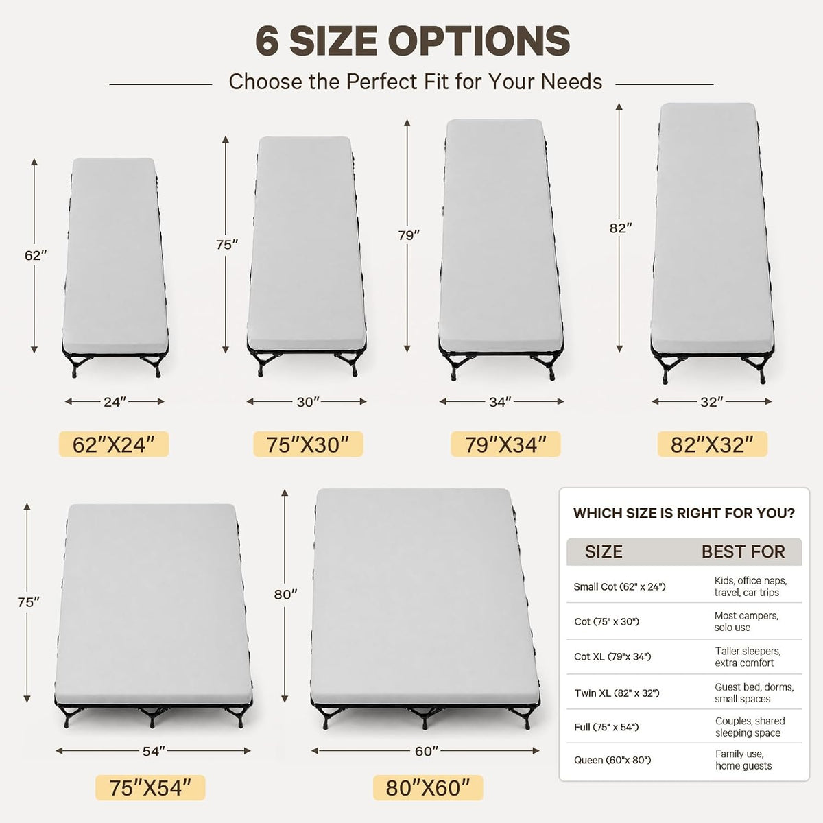 CYMULA Camping Cot Pad 2 Inch Memory Foam, Pad Only,Camping Pad for Folding Cot and Foldable Cot, Portable Roll Up Camp Gear for Car Camping Travel Tent, Non-Slip Waterproof Bottom, Removable Cover
