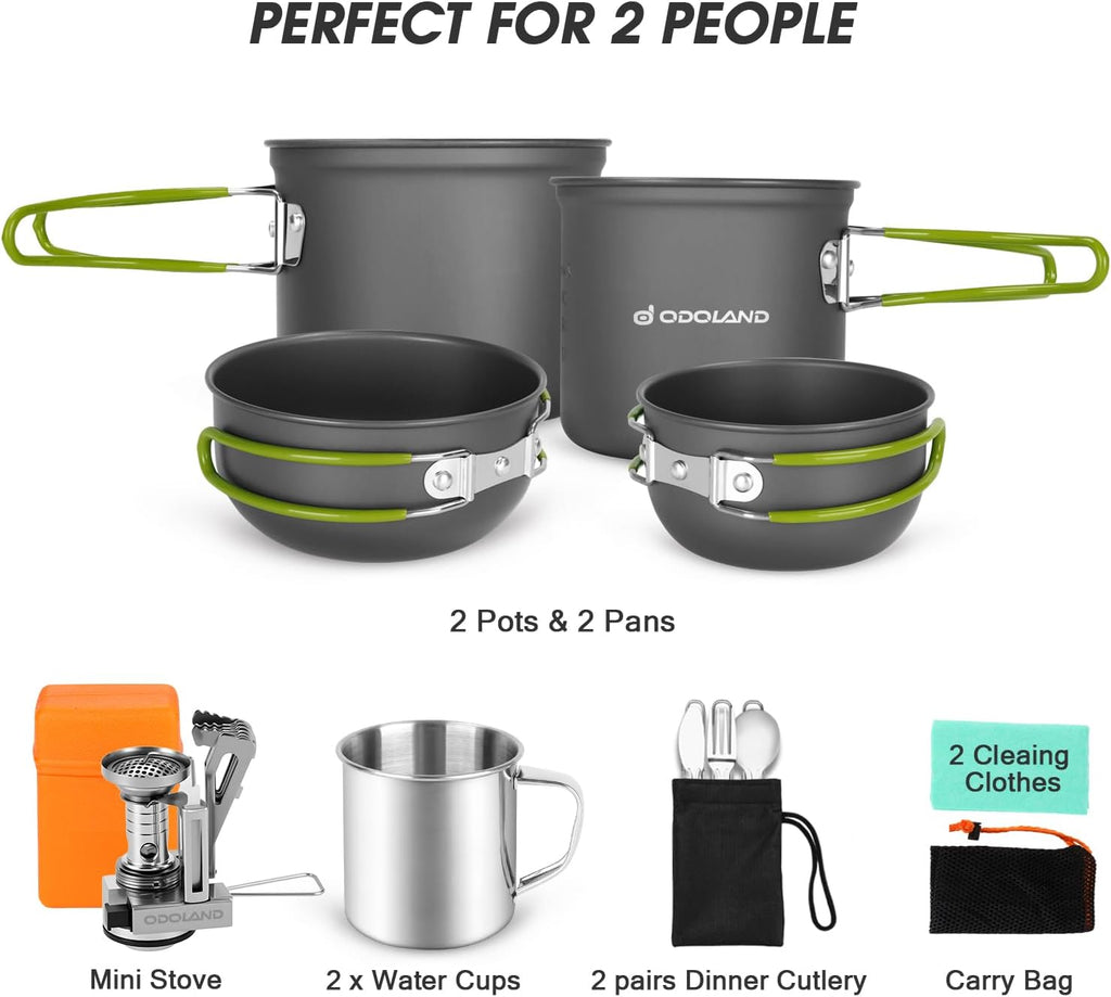 Odoland 16pcs Camping Cookware Mess Kit, Lightweight Pot Pan Mini Stove with 2 Cups, Fork Spoon Kits for Backpacking, Outdoor Camping Hiking and Picnic