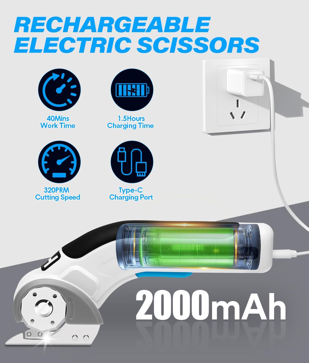 HK Cordless Electric Scissors, 4V Electric Box Cutter, Carpet & Cardboard Cutter with a Replacement Blade/Charger, Rotary Cutter for Cardboard Packages Leather Plastic (White)