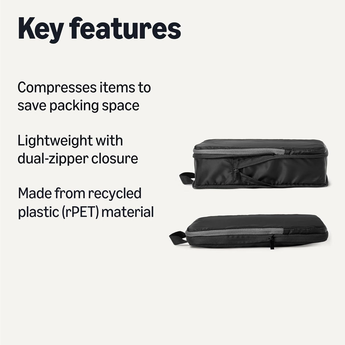 Amazon Essentials Ultralight Compression Packing Cubes, Recycled Fabric, 2 Zippers, 4-Pack, Black, for Suitcases or Backpacks