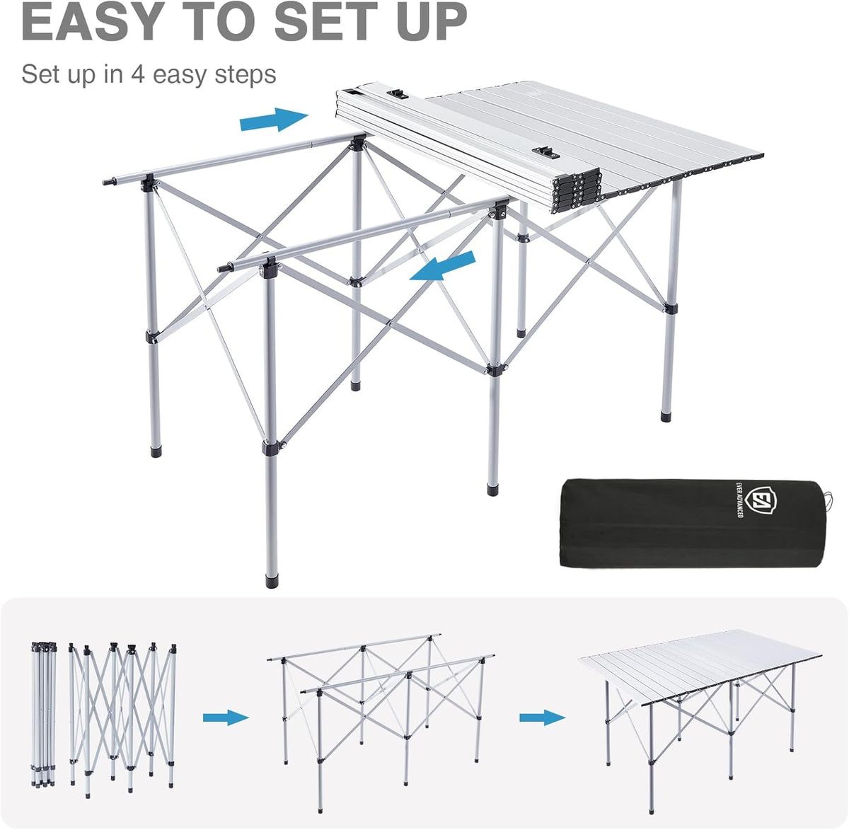 EVER ADVANCED Camping Table, Fold up Lightweight, 4-6 Person Portable Roll up Aluminum Table with Carry Bag for Outdoor, White