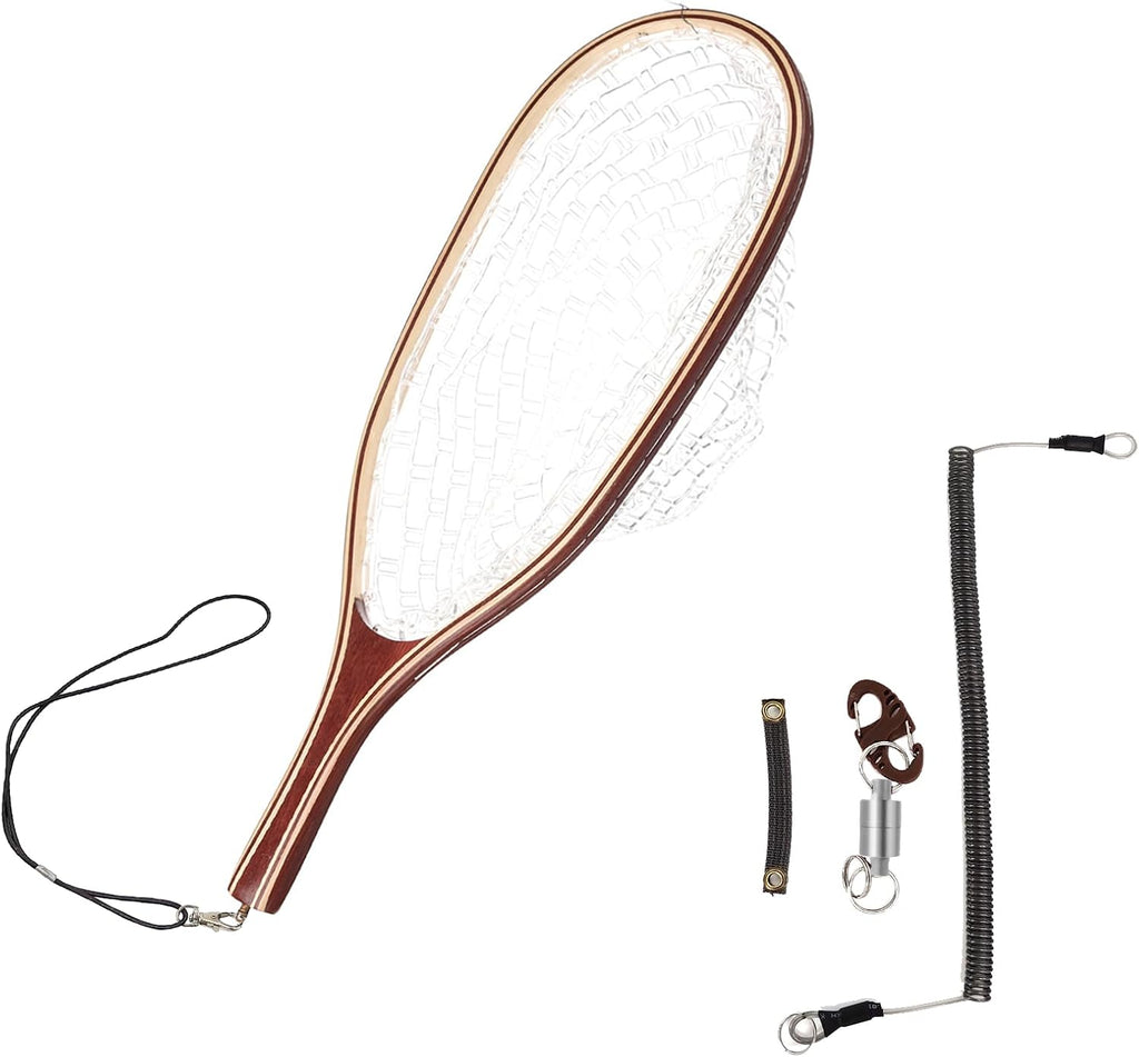 Aventik Fly Fishing Landing Net for Trout Soft Rubber Ghost Mesh Catch and Release Wooden Frame Lightweight and Tangle-Free