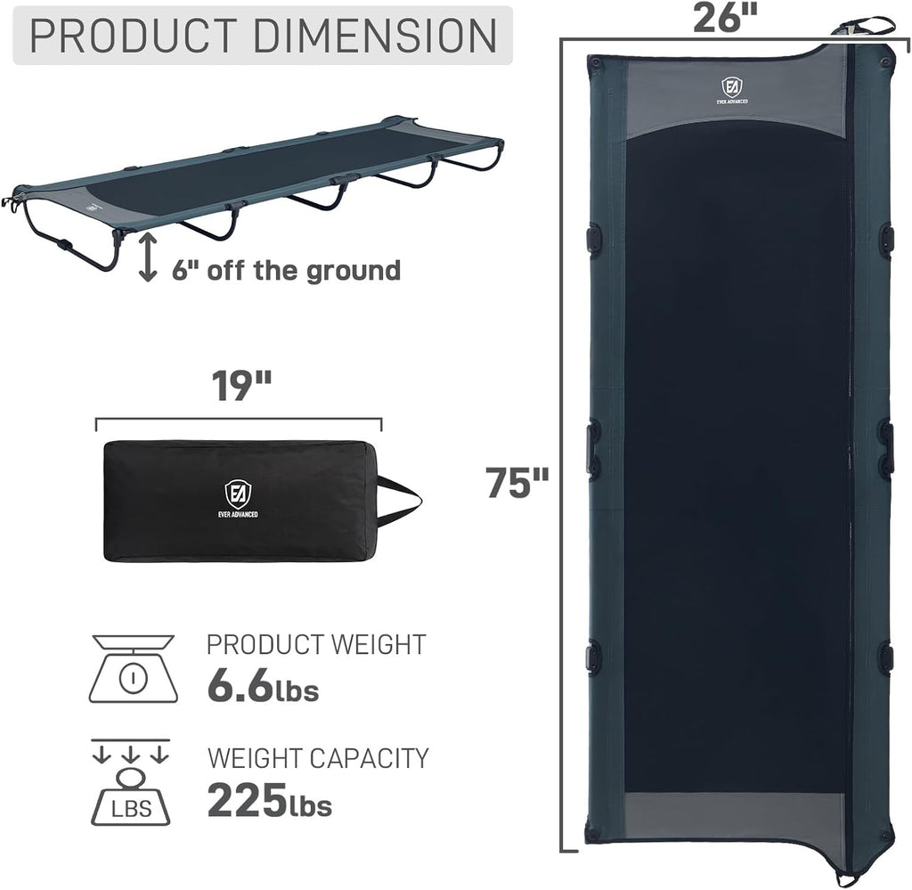 EVER ADVANCED Ultralight Aluminum Camping Cot – 20-Second Fast Fold, Zipper Carry Case, Supports 225Lbs, Compact for Travel & Outdoor, Black