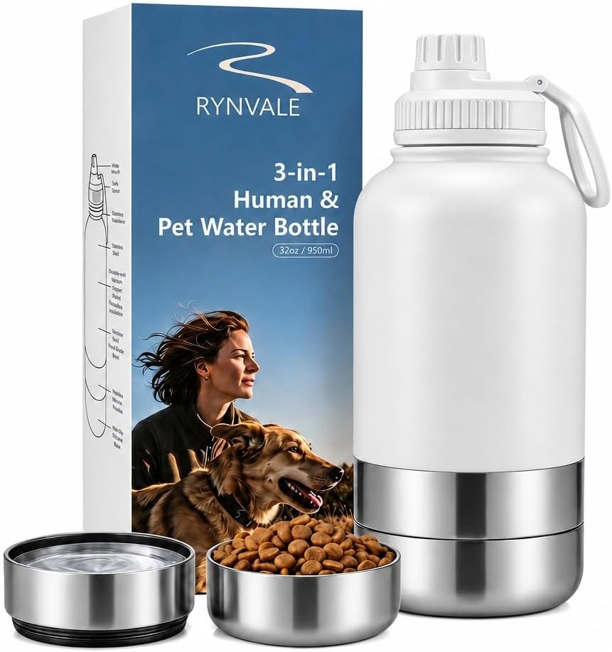 RYNVALE 32oz Insulated Stainless Steel Pet Water Bottle with Dog Bowl
