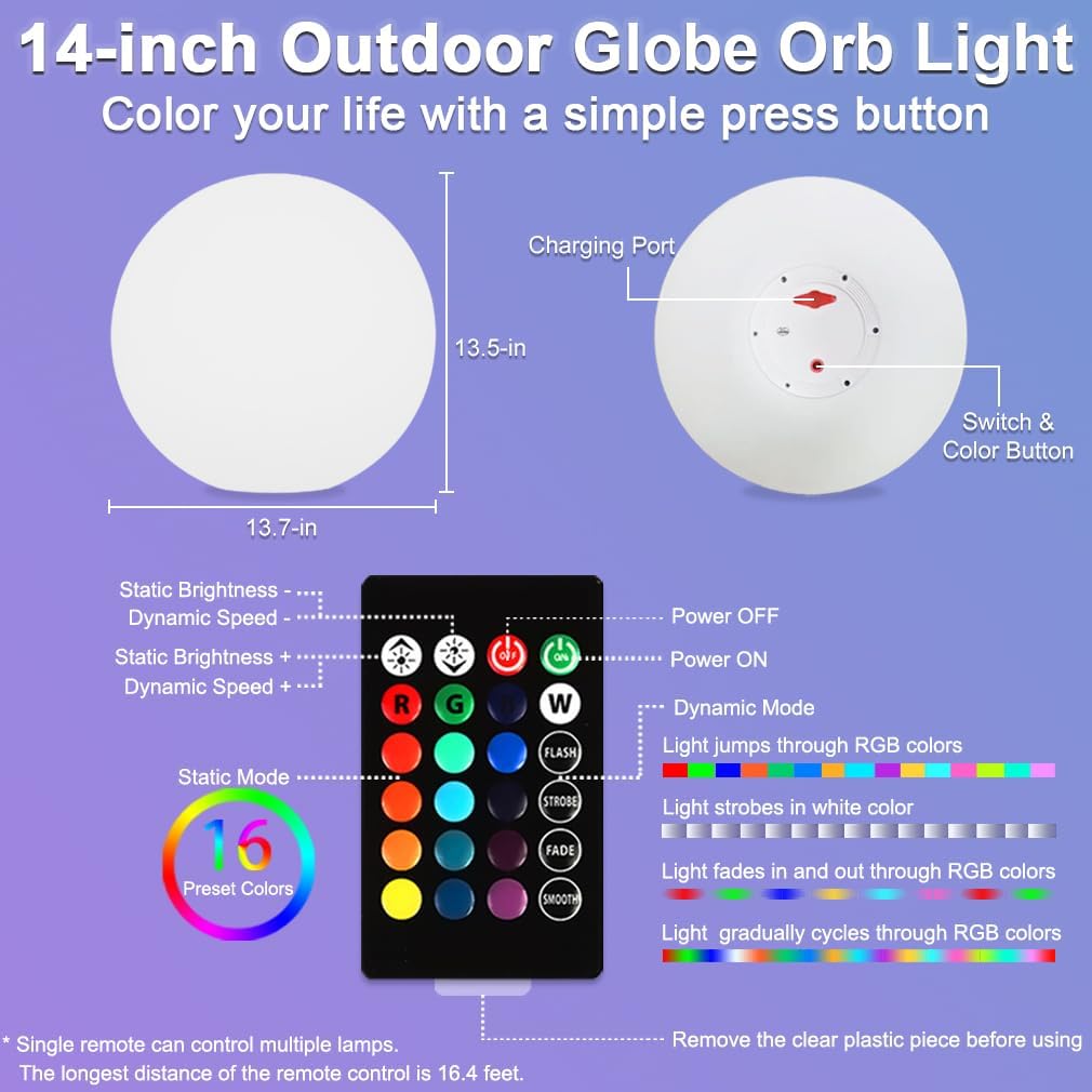 14-in LED Ball Light, Rechargeable Outdoor Globes Light Dimmable RGB Color Changing Globe Floor Lamp w/Remote, Modern Versatile LED Globe Orb Lights Waterproof Glowing Orb Lamp for Home Yard Lawn Path