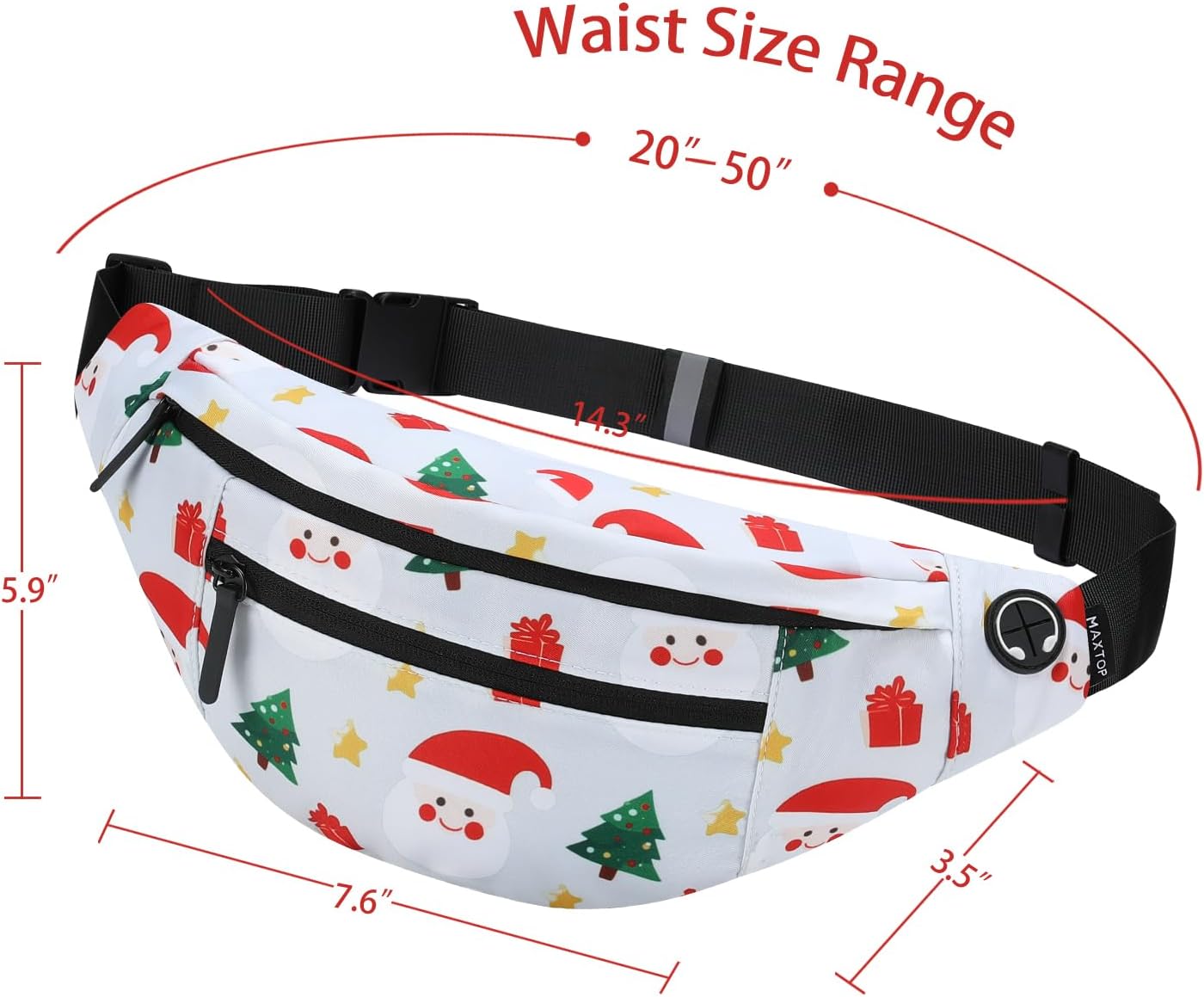 MAXTOP Large White Christmas Fanny Pack with 4-Zipper Pockets, Christmas Gifts for Enjoy Festival Sports Workout Traveling Running Casual Hands-Free Waist Pack Crossbody Phone Bag Carrying All Phones