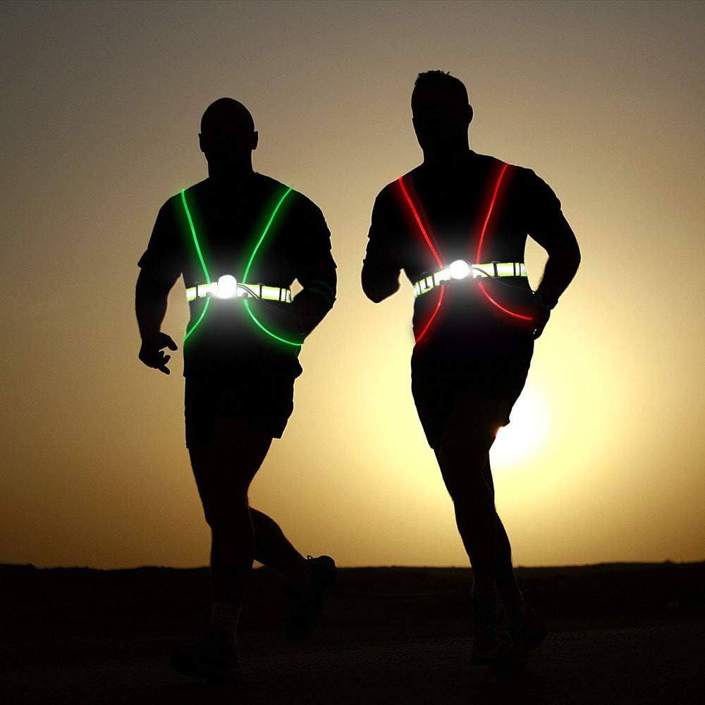 LONGU Led Running Reflective Vest Safety Night Light USB Rechargeable Cycling Multicolored Fiber Optics Suit Women Men Kids Adjustable Light Weight Gear for Jogging Biking