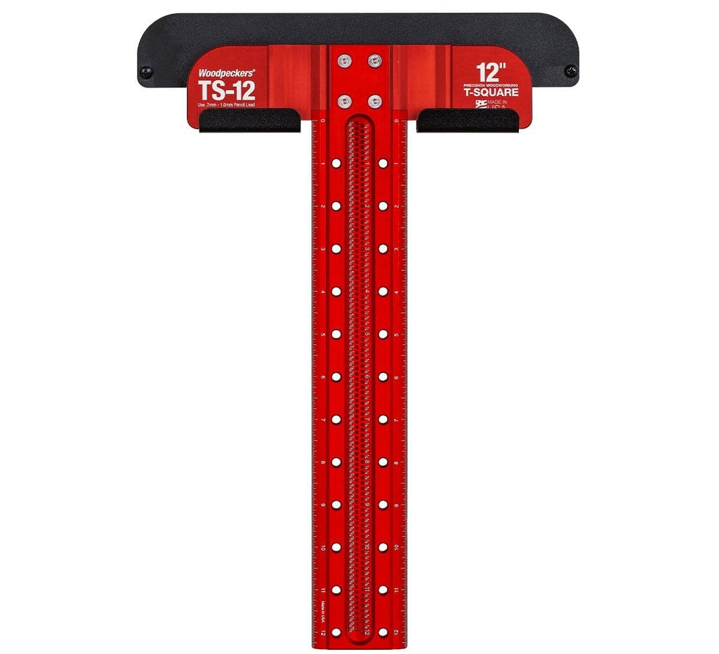 Woodpeckers T Square, 12 Inch, Precision Woodworking T-Square Ruler, Built-in Edge Support, Scribing & Shelf Pin Guides, Rack-It Mount, Made in USA