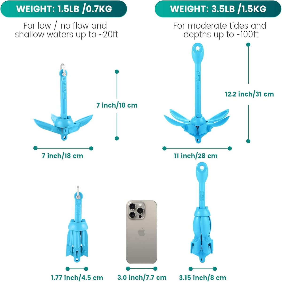 Kayak Anchor Kit, 1.5/3.5 lb Compact Folding Grapnel Anchor for Kayaks, Canoes, SUPs, Jet Skis, Small Boats - Lightweight Portable Marine Boat Anchor with Rust-Resistant Design