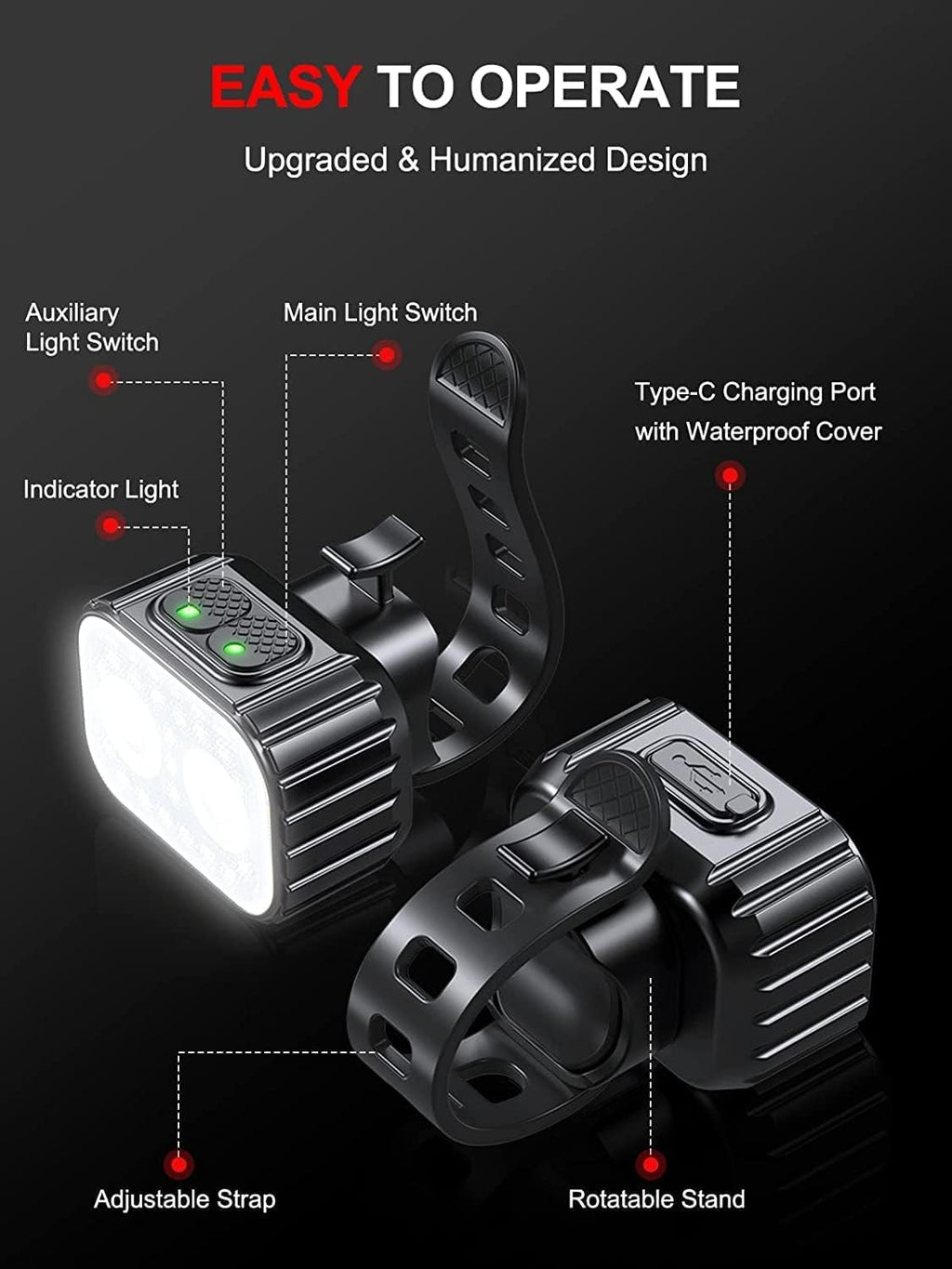 Cuvccn Bike Lights Super Bright, Rechargeable Bicycle Lights Set Multiple Modes, Waterproof Bike Lights for Night Riding/Cycling Safety, Front and Back Bike Reflectors Light, Long Battery Life