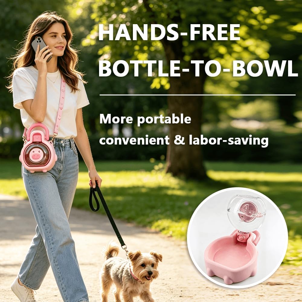 2-in-1 Crossbody Portable Dog Water Bottle with Foldable Bowl Base, 13.5oz, Adjustable Water Flow, Ideal for Small & Medium Dogs on Daily Walks and Pet Trips （Pink）