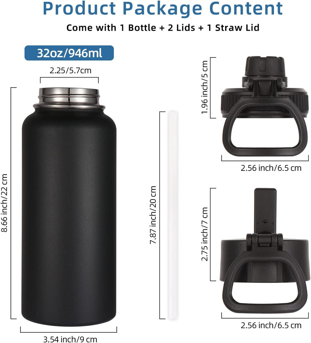 Volhoply 32oz Insulated Water Bottles Bulk 8 Pack with Straw Lid & Spout Lid,Stainless Steel Sports Water Bottle,Double Wall Vacuum Cups,Leakproof Wide Mouth Metal Flask for Hiking,Camping(Black,8)