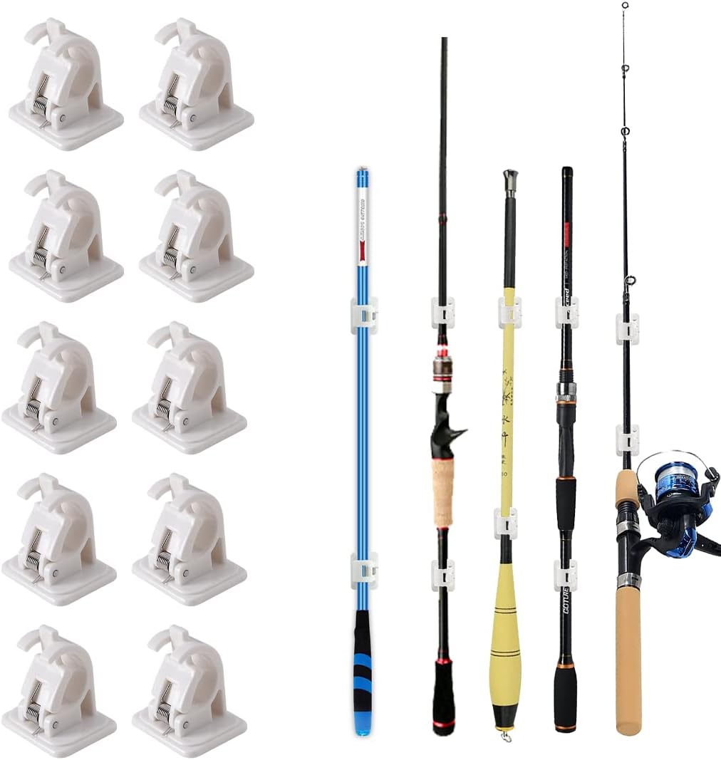 Wall Mounted Rod Clips - 10Pcs Fishing Pole/Cue/Curtain Rod Holder Clips Storage Rack