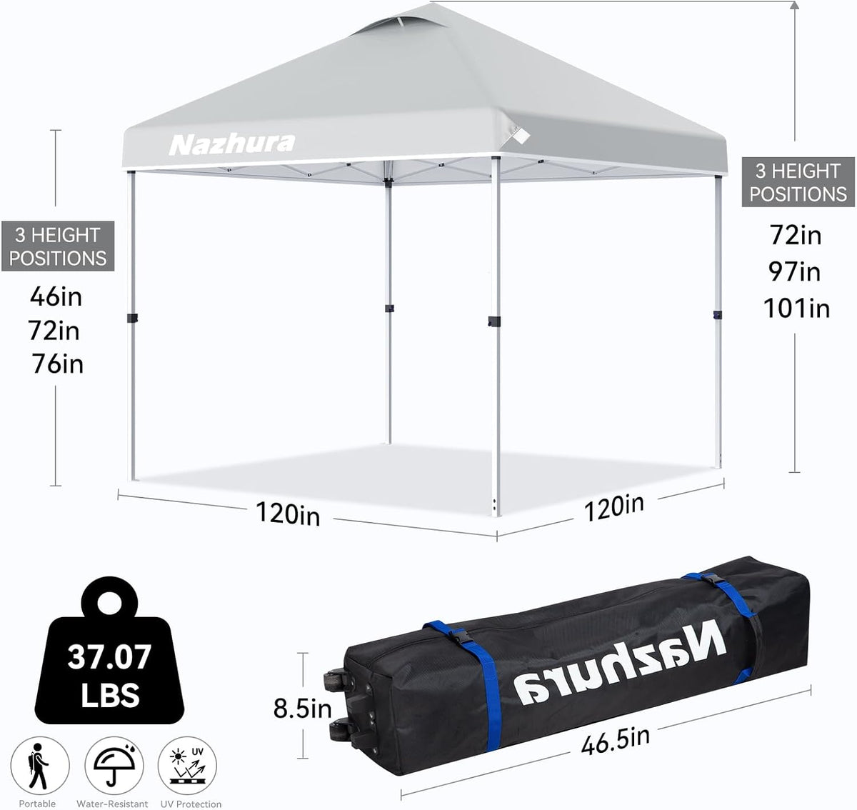 Nazhura 10' x 10' Pop Up Canopy Tent with Sand Weight Bag, Freestanding Sun Shelter for Picnic and Camping, One Person Setup and Height Adjustable (White)