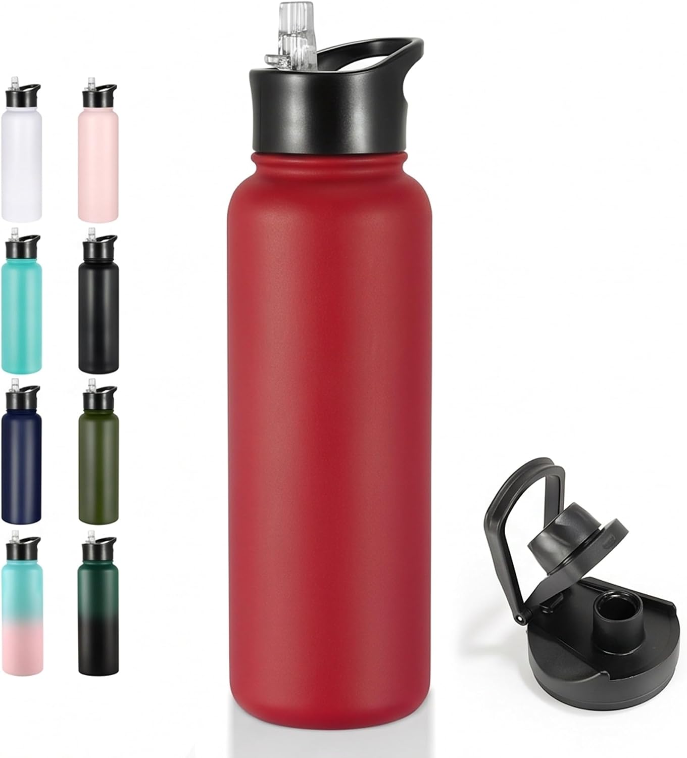 VEGOND 40 oz Insulated Water Bottle Stainless Steel Metal Water Bottles with Leak Proof Straw Lid & Spout Lid, Wide Mouth Double Walled Vacuum Travel Sports Bottle, Red