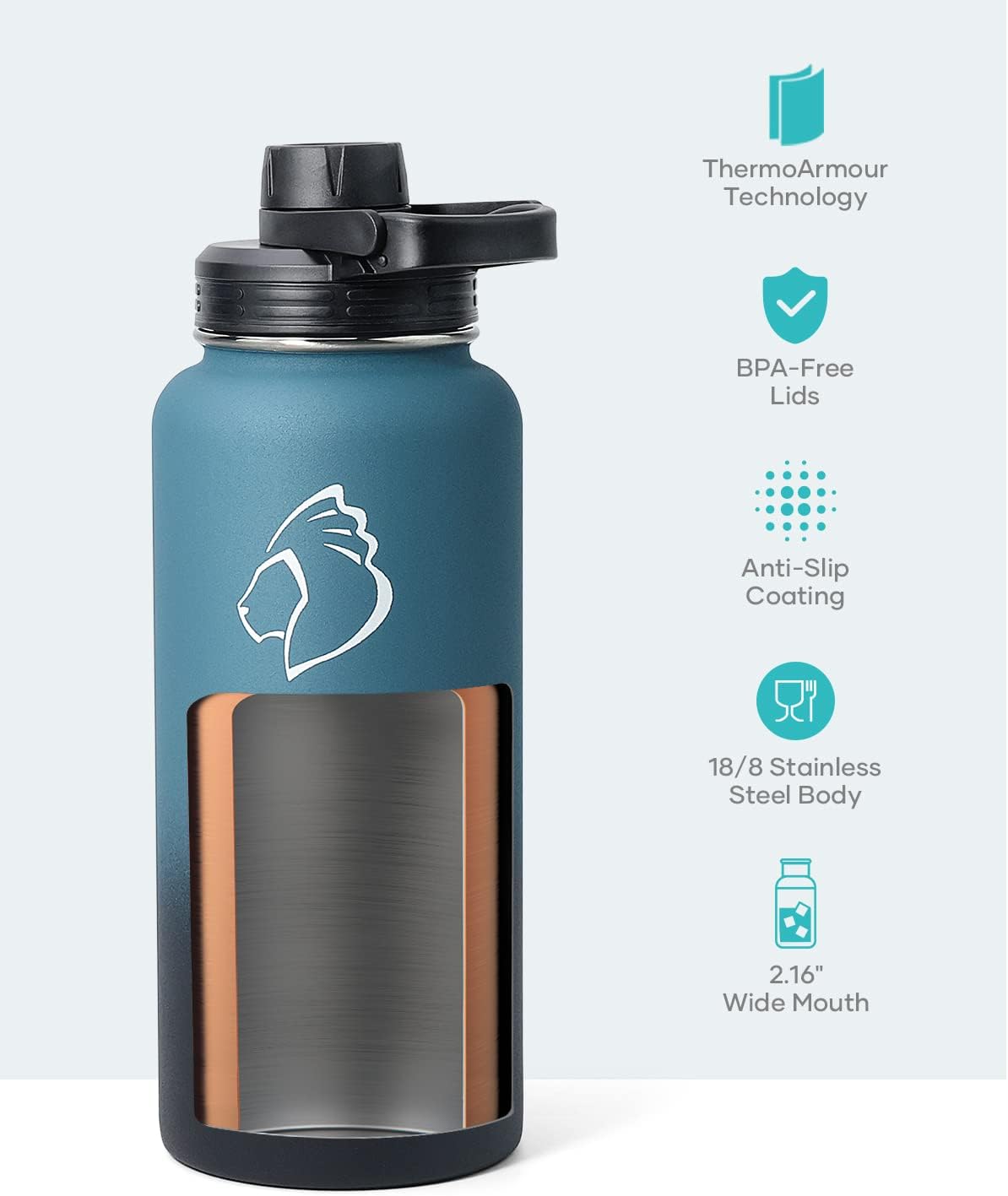 BUZIO 32 oz Water Bottle Insulated with Straw & 3 Lids (Cold for 48 Hrs)