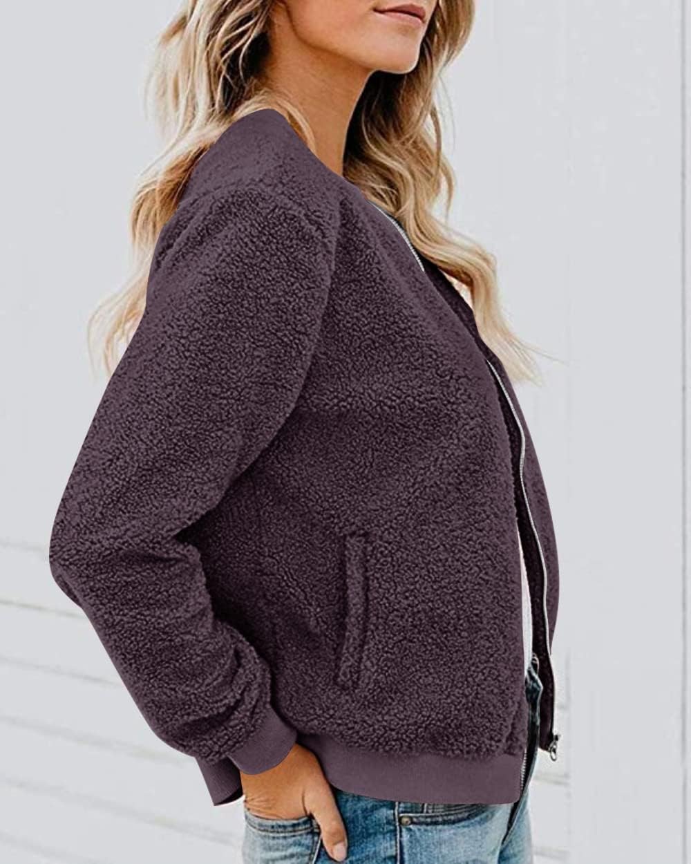 MIROL Women's Fall Fleece Bomber Jacket Trendy Sherpa Winter Coat Fuzzy Casual Long Sleeve Zip Up Loose Fit Jackets
