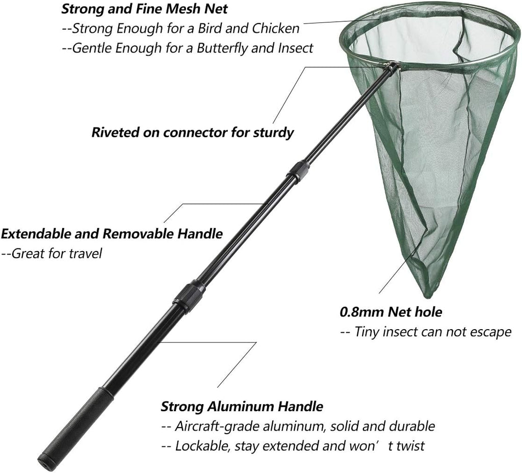 Professional Insect and Butterfly Net with 14" Stainless Ring, 26" Net Depth, Strong Aluminum Telescopic Handle Extends to 39", Muslin Banding at the Top