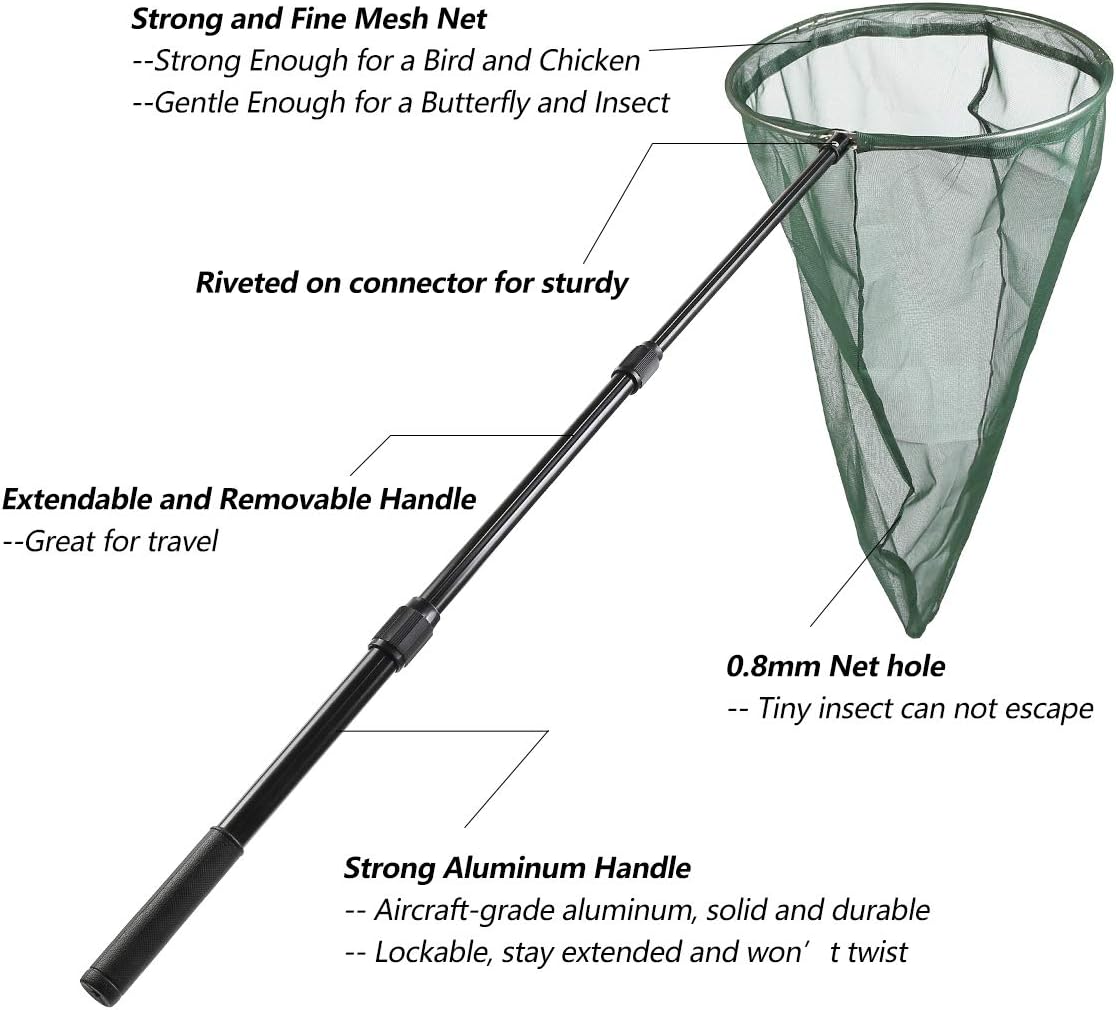 Professional Insect and Butterfly Net with 14" Stainless Ring, 26" Net Depth, Strong Aluminum Telescopic Handle Extends to 39", Muslin Banding at the Top