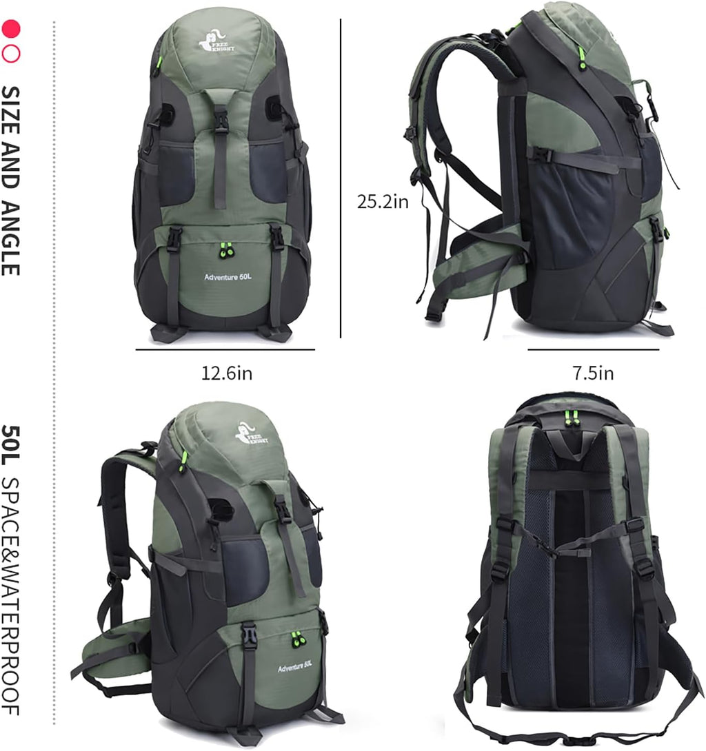 Bseash 50L Hiking Backpack, Water Resistant Lightweight Outdoor Sport Daypack Travel Bag for Camping Climbing Skiing Cycling (Army Green - With Shoe Compartment)