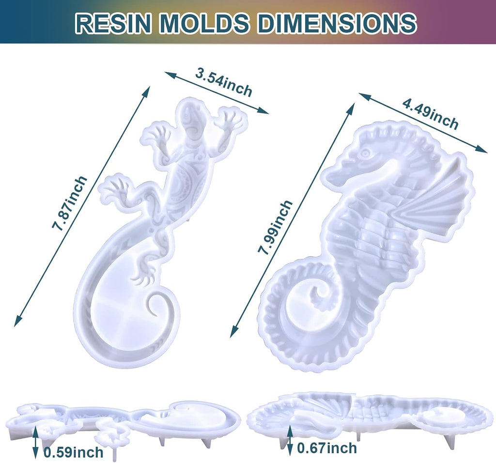 2 Pcs Gecko Seahorse Resin Molds Silicone, Lifelike Lizard Hippocampus Decor Moulds, 3D Large Animal Silicone Epoxy Mold for DIY Resin Crafts,Wall Hanging Home Decor Halloween Christmas Gifts