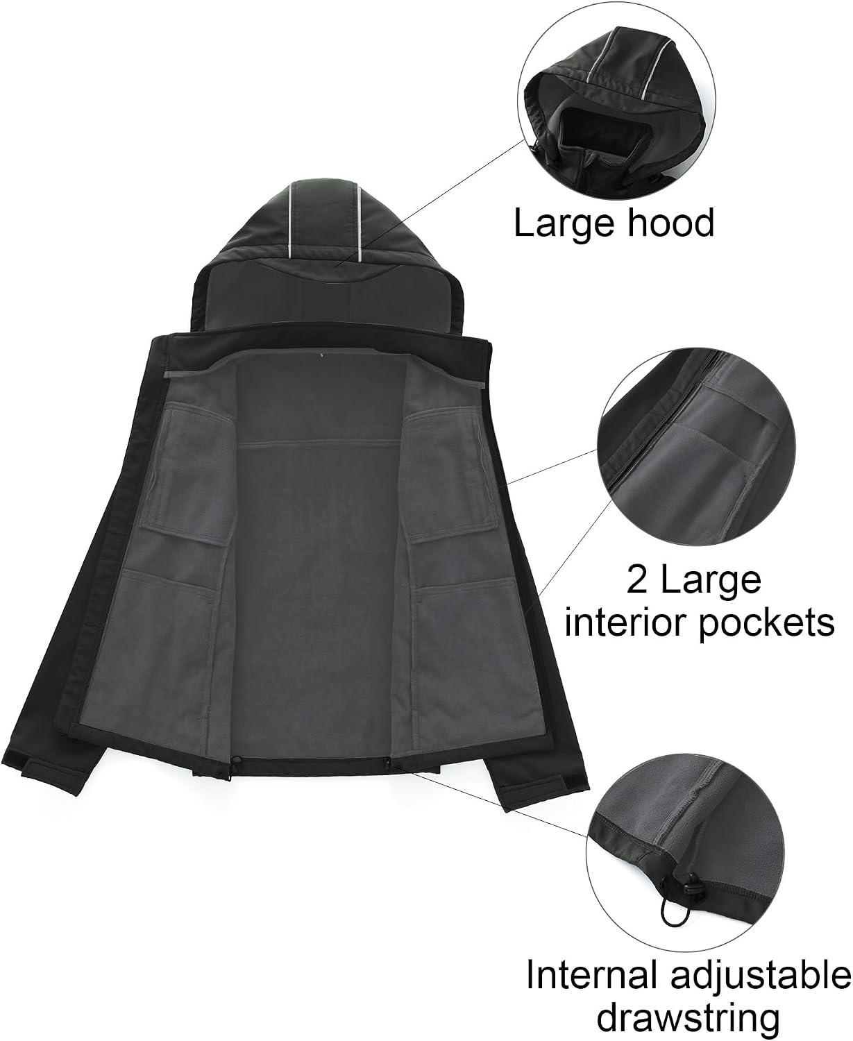 CREATMO US Men's Softshell Military Jacket With Removable Hood, Fleece Lined and Water Repellent Outdoor Reflective Coat