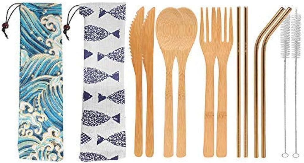 UPTRUST 2 Set Bamboo Cutlery Set Bamboo Travel Utensil Reusable Table cutlery Fork Knife Spoon Chopsticks Straw Cleaning Brush for Travel Picnic School Office（Skyblue& Green）