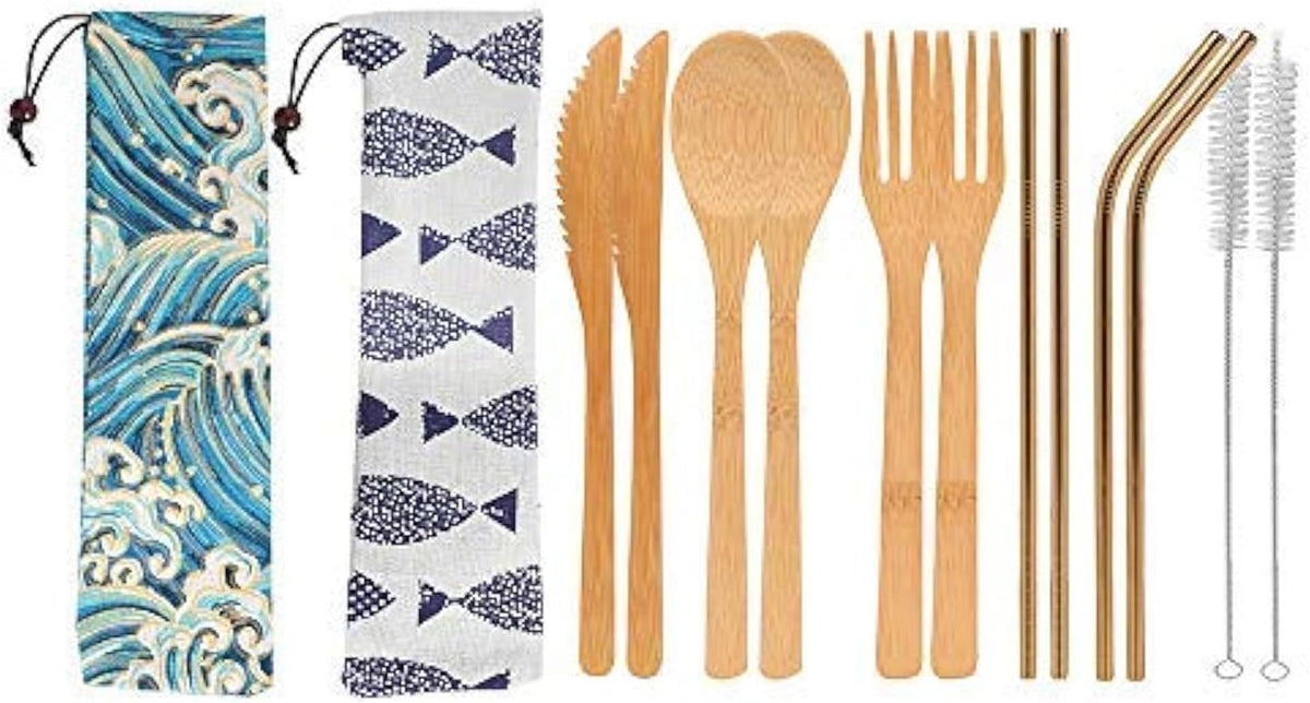 UPTRUST 2 Set Bamboo Cutlery Set Bamboo Travel Utensil Reusable Table cutlery Fork Knife Spoon Chopsticks Straw Cleaning Brush for Travel Picnic School Office（Skyblue& Green）
