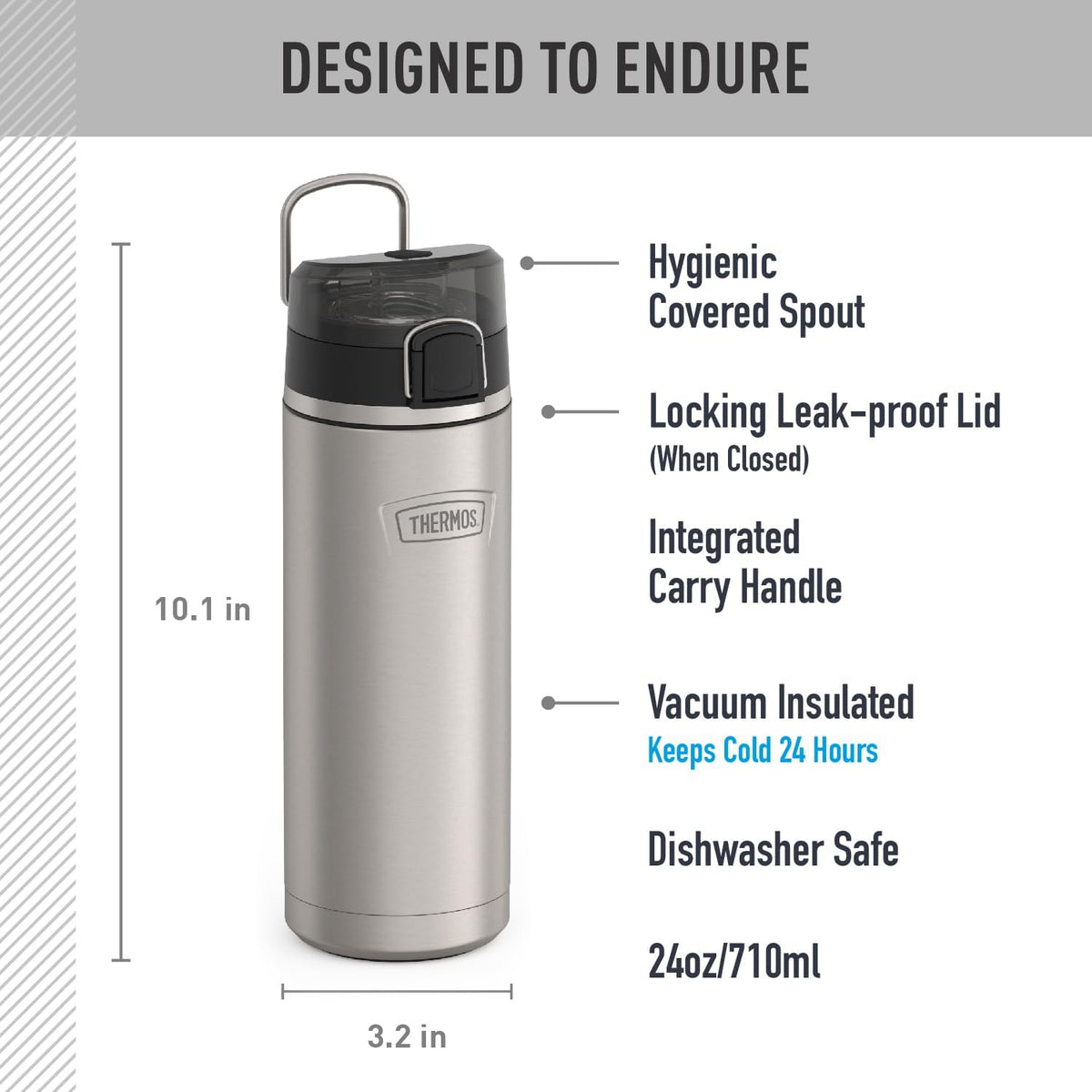 THERMOS ICON SERIES, Stainless Steel Water Bottle with Spout - 24 Ounce, Matte Stainless Steel - Vacuum Insulated Water Bottle with Lid