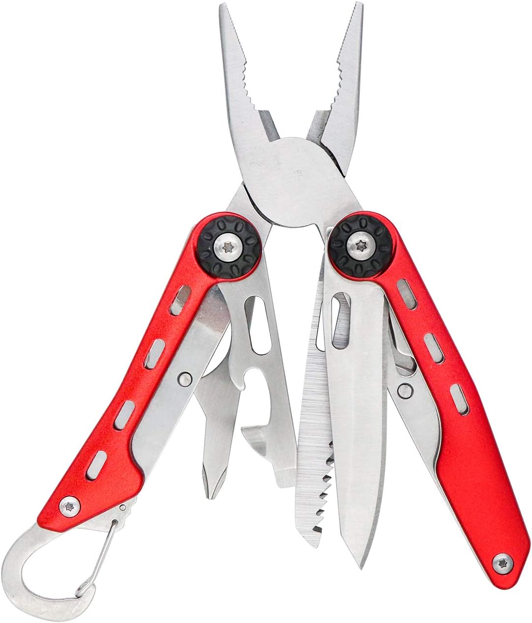 Amazon Basics 10-in-1 Stainless Steel Multitool for Hiking and Survival Gear with Needlenose Pliers, Wire Cutter, Saw, Safety Lock, Nylon Sheath, Red