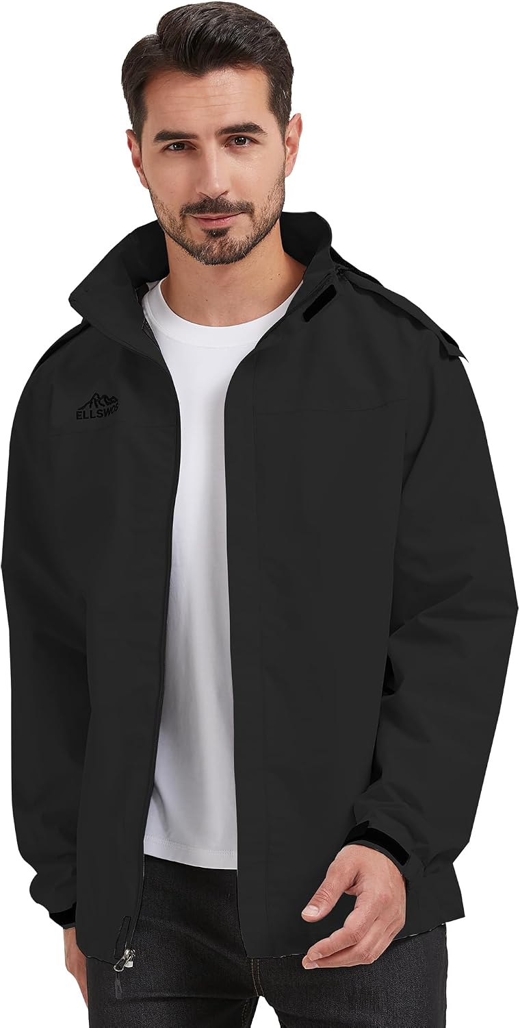 ELLSWOS Men's Lightweight Waterproof Rain Jacket with Detachable Hood