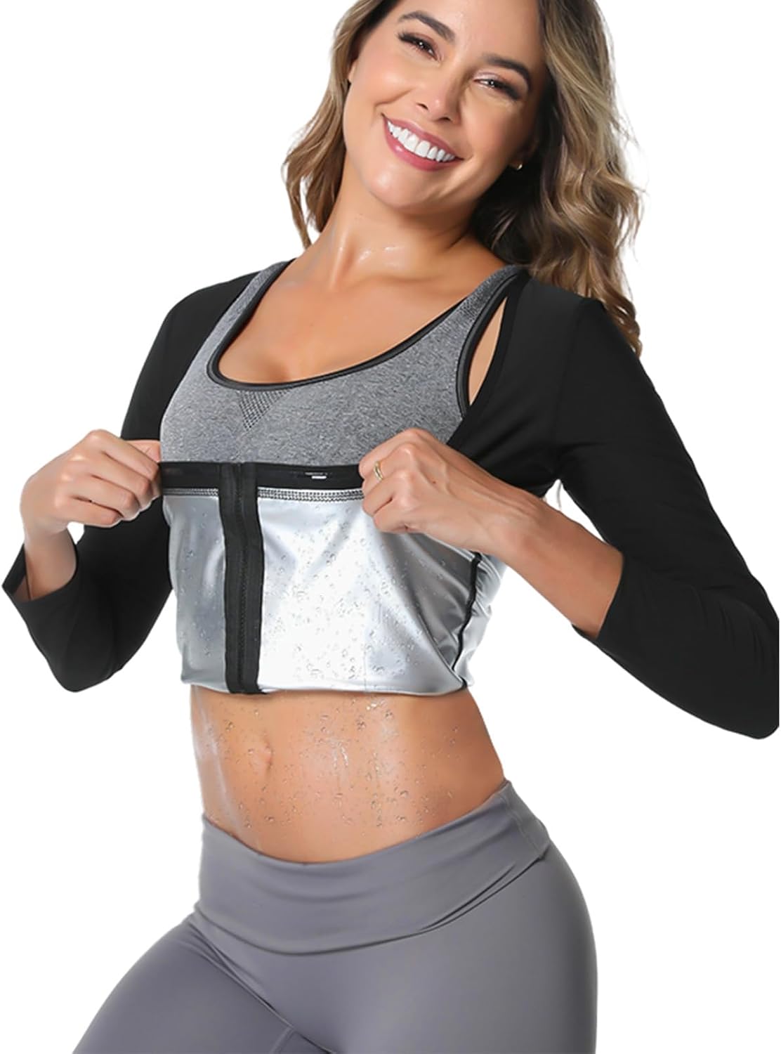 Sauna Suit for Women Heat Trapping Long Sleeve Sweat Suit Weight Loss Waist Trainer Workout Body Shaper with Zipper