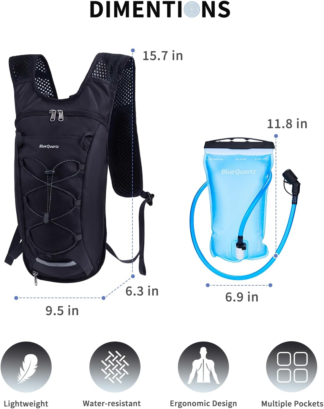 Blue Quartz Hydration Backpack with 2L Water Bladder, Hiking Water Pack with Insulated Compartment for Women Men, Lightweight Cycling Daypack with Phone Pocket, Hydration Pack for Running,Biking