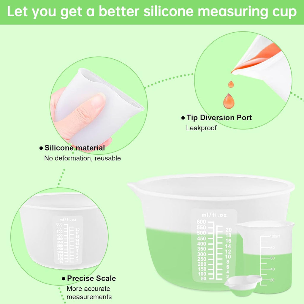 Silicone Measuring Cups Kit for Resin, Epoxy Supplies Set with 600ml, 250ml & 100ml Silicone Cups, Reusable Resin Supplies Cups with Silicone Mat, Stir Sticks, Mixing Cups for Molds Arts, Crafts