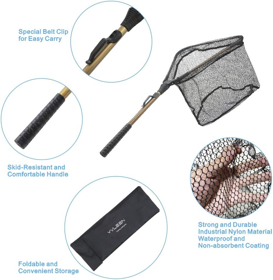 YVLEEN Folding Fishing Net - Foldable Fish Landing Net Robust Aluminum Telescopic Pole Handle and Nylon Mesh 16inch Hoop Size