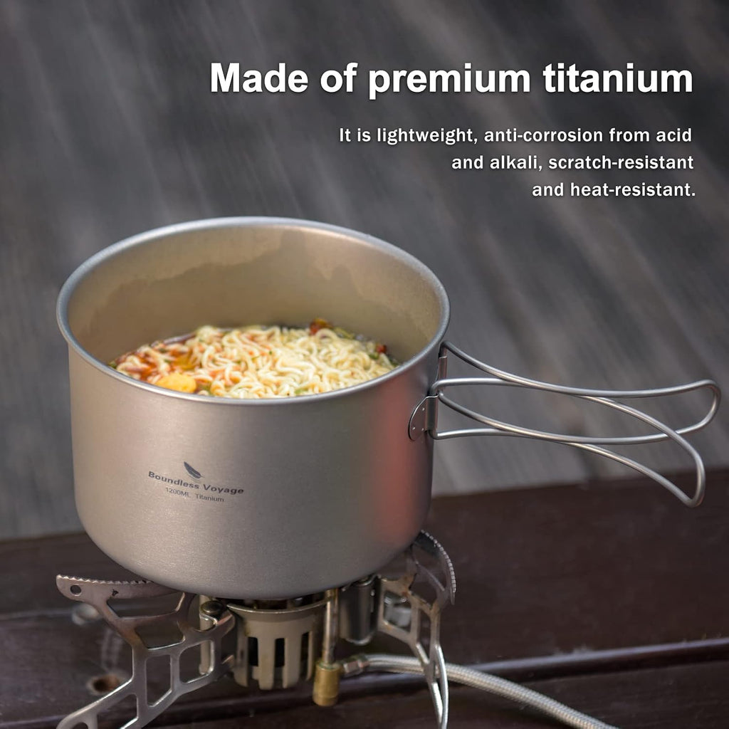 Boundless Voyage Outdoor Titanium Pot with Pan Set with Collapsible Folding Handle for Outdoor Camping Cooking Hiking Backpacking Portable Cookware