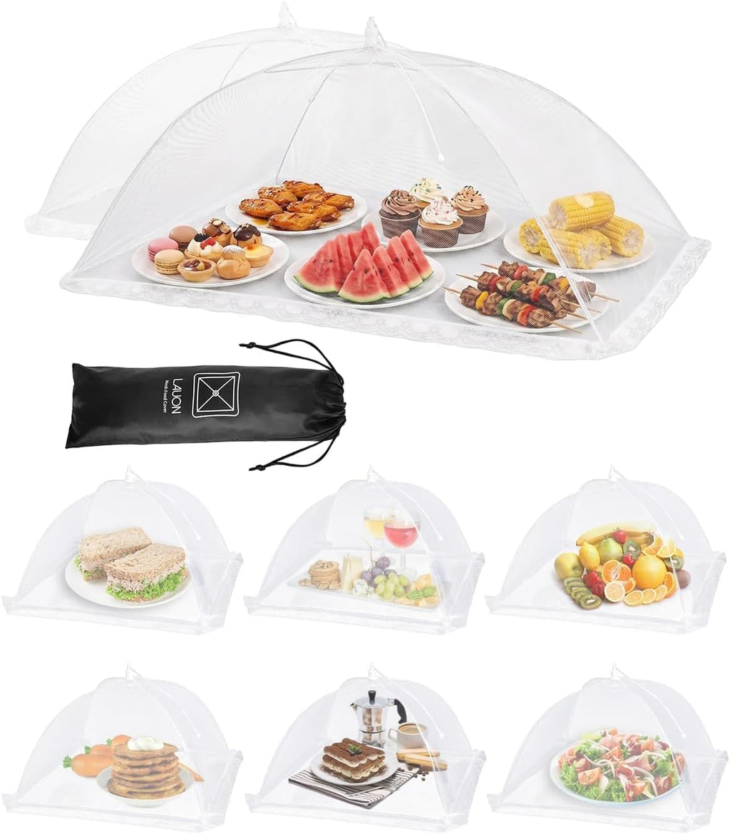 Food Covers for Outside - 2 Extra Large (40 x 25 in) & 6 Large (17 x 17 in) Pop-Up Umbrella Screen Tents- Breathable Outdoor Mesh Food Covers & Picnic Essentials - Collapsible Mesh Food Tent