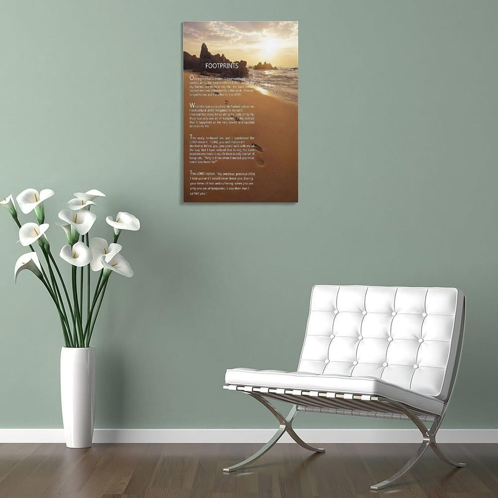 Footprints in the Sand Religious Canvas Wall Art Posters, Inspirational Beach Sunset Poem Print Poster (Framed 20x30inch, Footprints(2))
