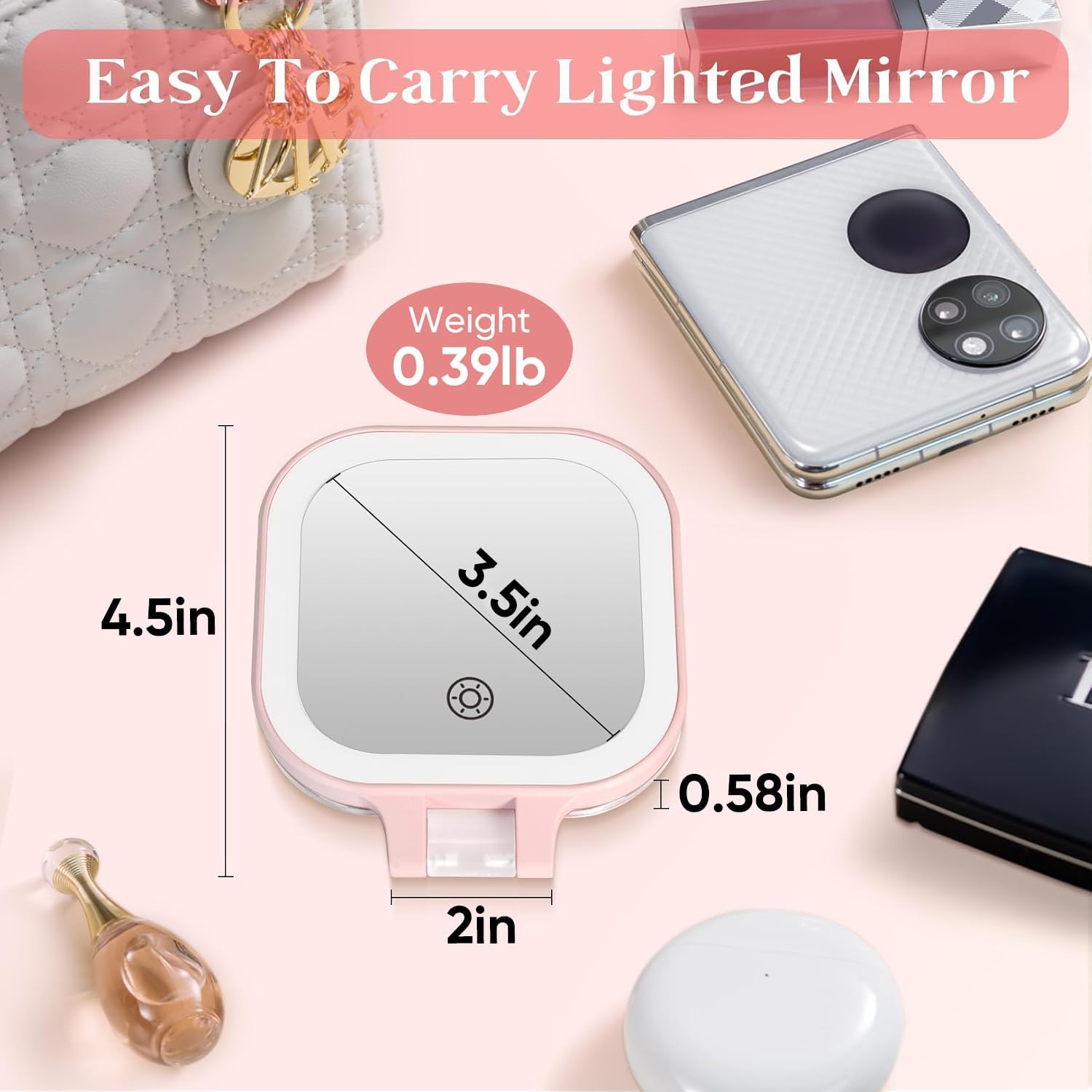 FASCINATE 3.5" Rechargeable Travel Makeup Mirror 30X Magnification (Pink)