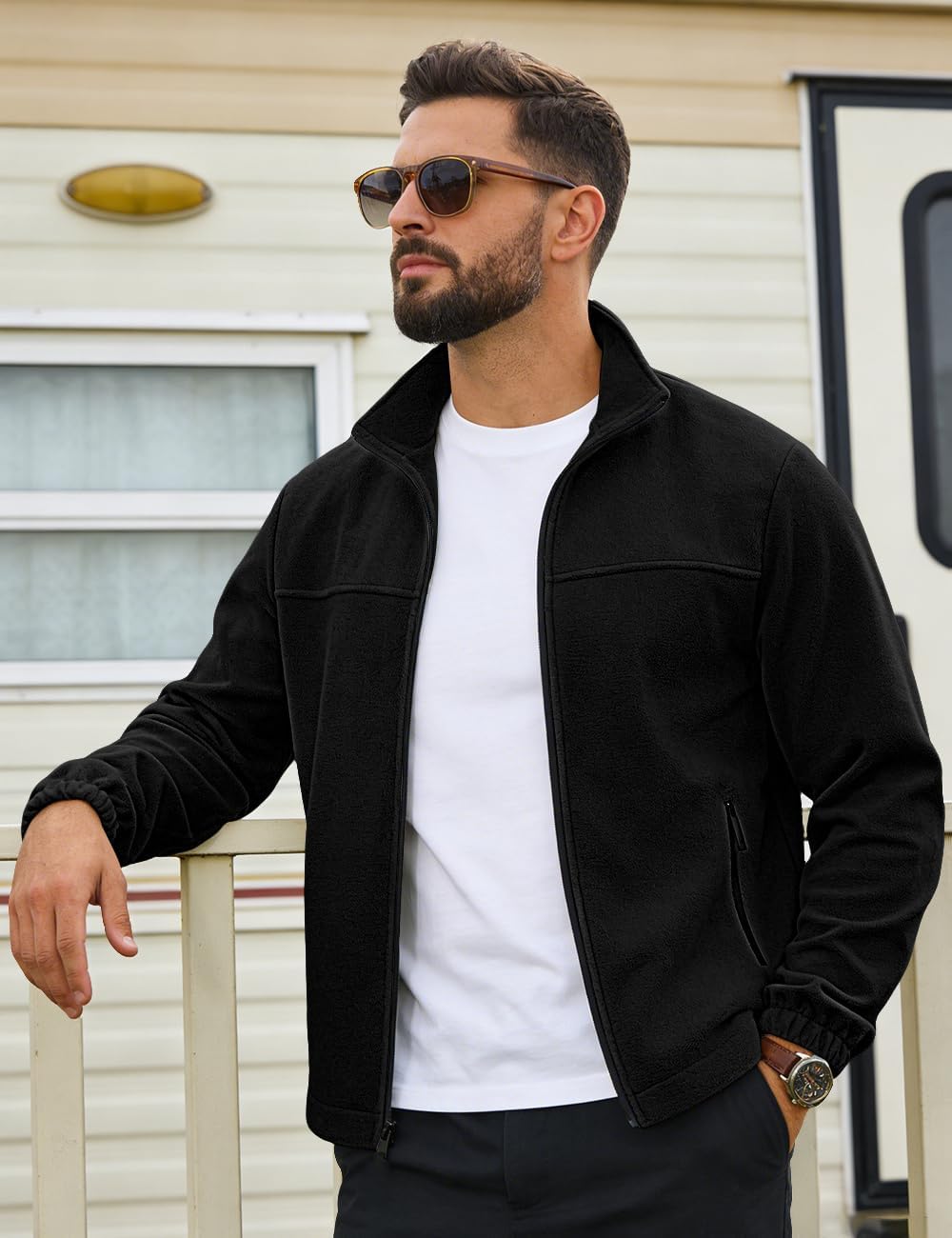 Mens Polar Fleece Jacket Full Zip Lightweight Casual Outdoor Jackets Stand Collar Warm Coats with Pockets