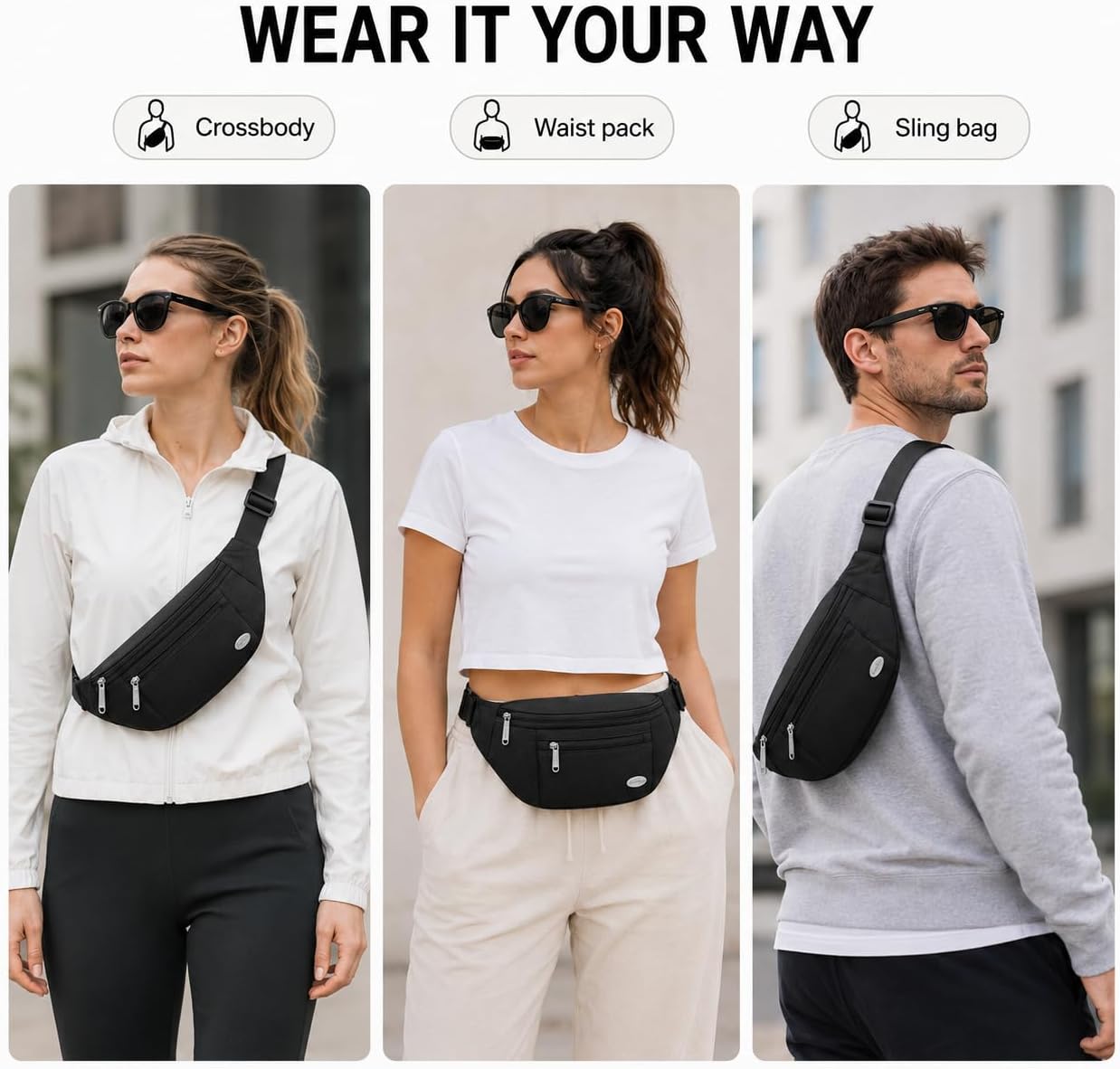 Entchin Water-Resistant Fanny Pack, 4-Zipper Belt Bag