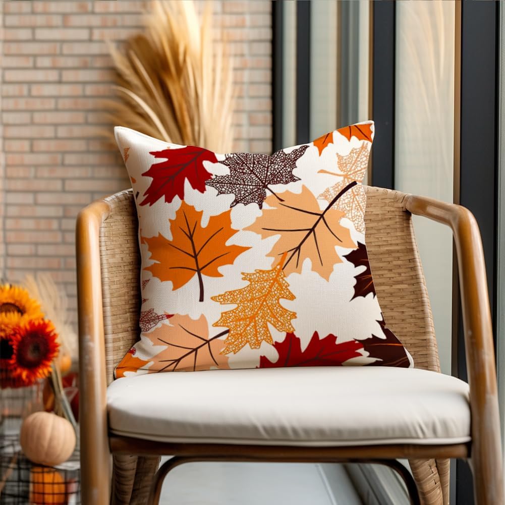 Fall Pillow Covers 18x18 Set of 2,Maple Leaves Outdoor Thanksgiving Autumn