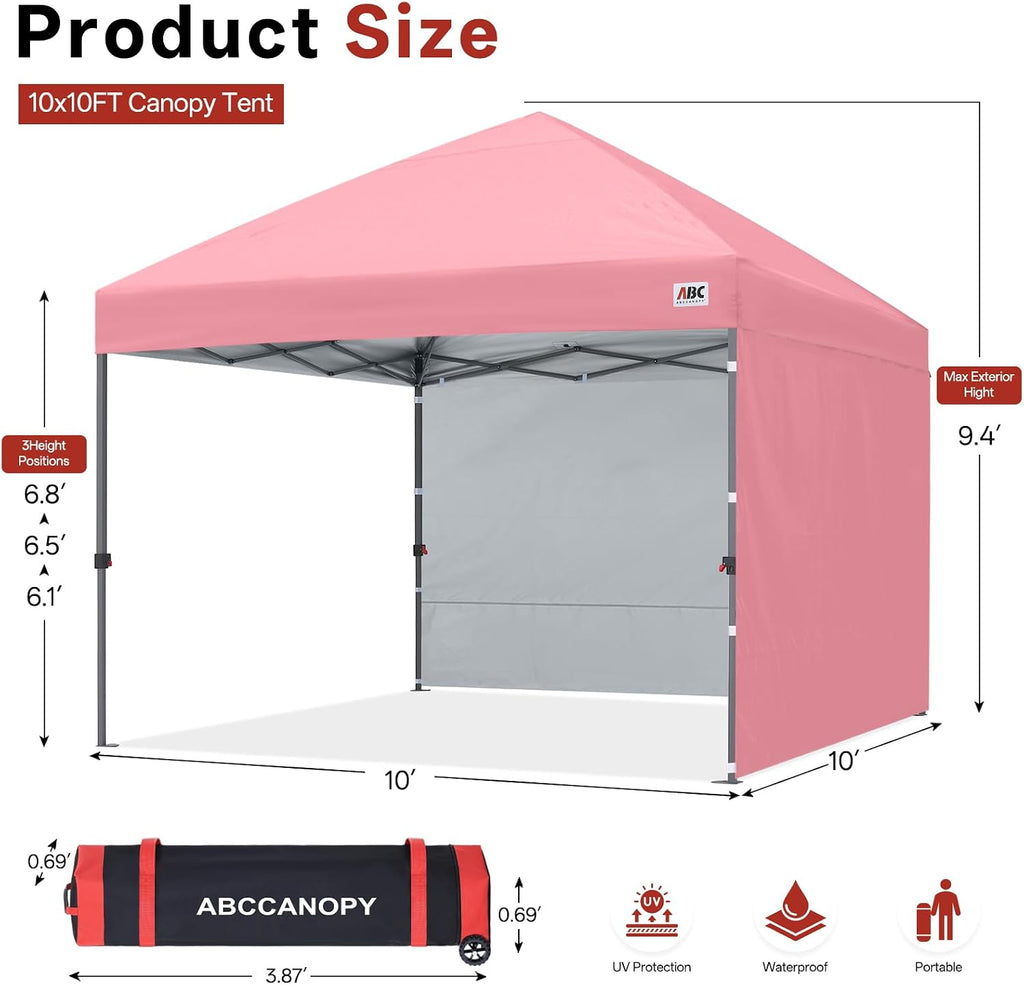 ABCCANOPY 10x10 Pop Up Canopy Tent, 2 Sidewalls, All-Weather Shade, Pink